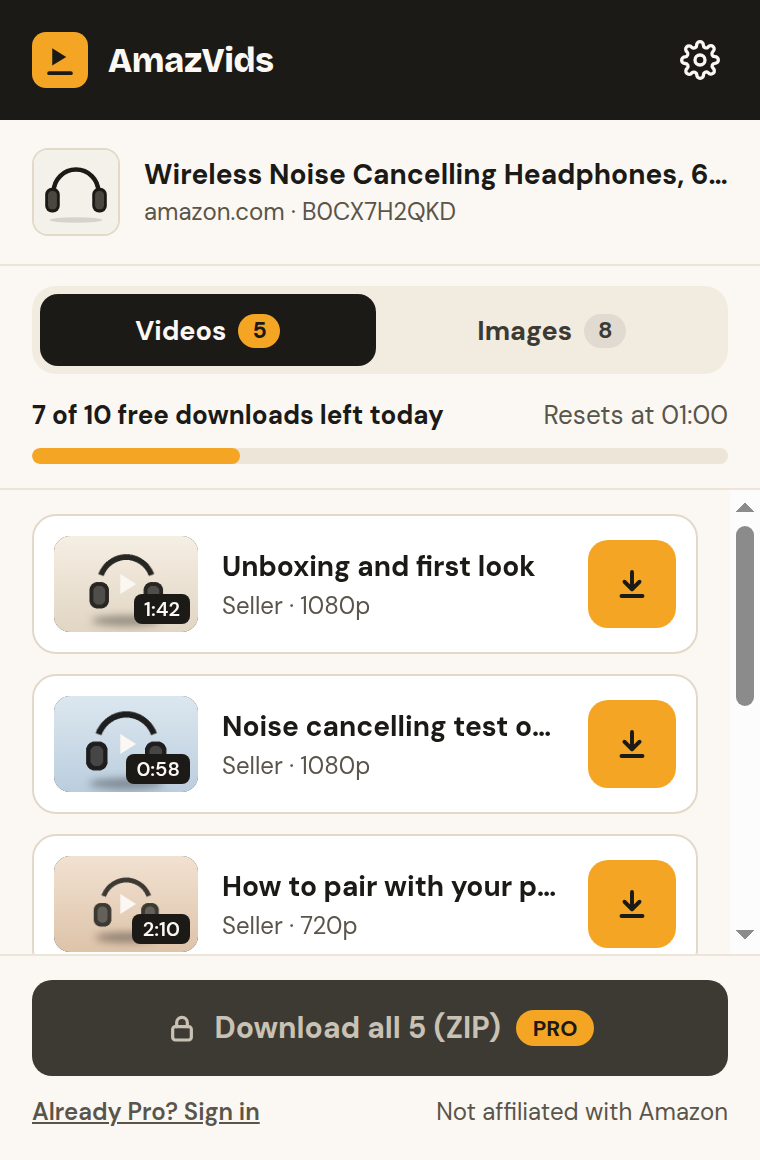 The AmazVids popup with product and review videos