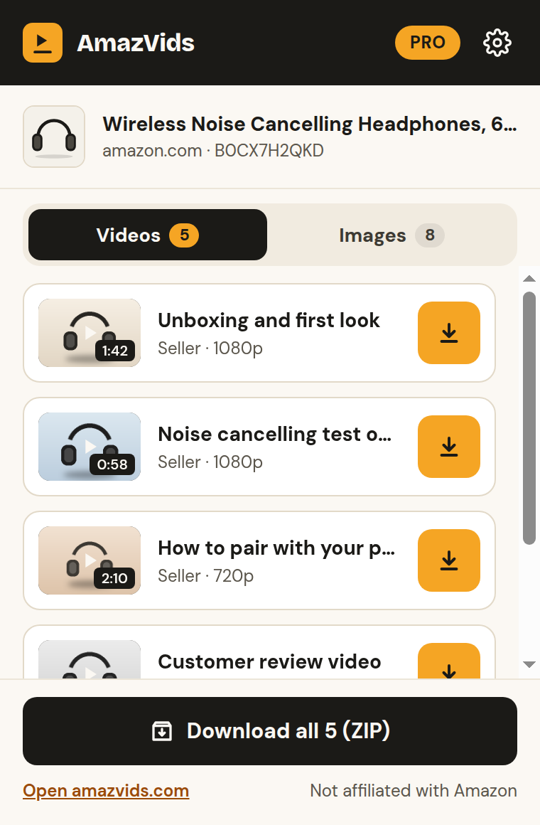 The AmazVids popup with a Download all button